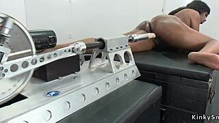 ebony babe rides sybian machine in solo session shaved and busty