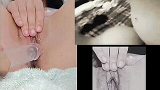 Petite teen babe masturbates watching sexy lesbian sex action.