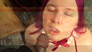 Chubby shemale pinky slurps big black cock for facial cumshot