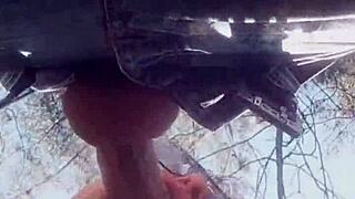 Amateur babe gives real outdoor deepthroat blowjob behind scenes