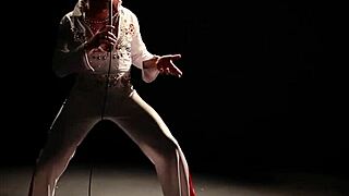 elvis parody features blonde in mmf threesome with blowjob and spitting