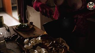 Watch Sexy Housewife Cook Naked in Kitchen Close-Up