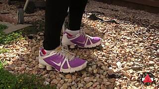 girl struts public streets in sexy sneakers fetish