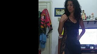 Juicy Brazilian Housewife Teases Shaved Pussy in Black Shirt at Home