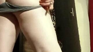 camgirl spreads grey outfit and fingers her ass close up