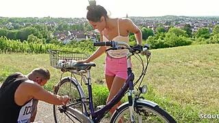 skinny german latina teen christy ley with brown skin trades risky outdoor fuck for stranger help in public quickie