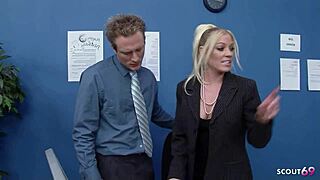 blonde milf boss in lingerie stockings seduces coworker for office desk fuck