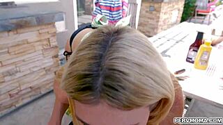 Whoa, blonde stepmom's eyeing those monster hotdogs for her deepthroat skills! 🍆💦