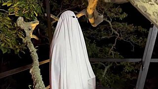 Karen moans under ghost cock outdoors deeply