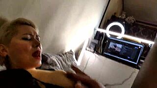 he yanks his whore's big nipples while sweet bitch fucks hard for the guys