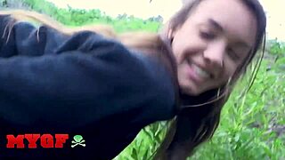 Girlfriend bangs big cock in forest before creamy facial finish