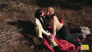 outdoor picnic with brunette friends turns into pussy licking strapon riding and orgasms... oh man!!