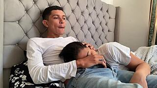 Perverted stepdad rams monster cock into petite mouth until cumshot