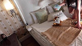 Hot brunette babe teases with big tits and ass in see-through dress