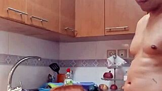 mature milf bent over kitchen counter takes juicy anal creampie