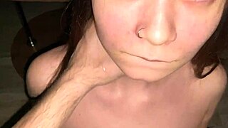 good girl kneels deepthroating stepdad 💦 cums on her big natural tits 😍