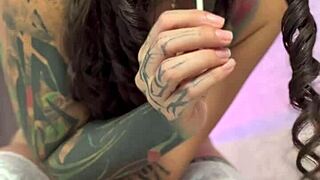 babe's split tongue licks pillow as she rubs pussy fucks ass closeup