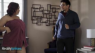 horny stepson spreads stepmom's shaved legs wide then pounds her wet pussy hard in missionary she moans loud riding his monster cock next doggystyle