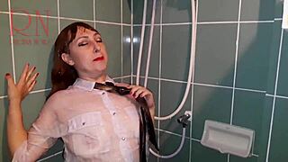 housewife's wet panties cling under shower as clothes soak through