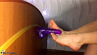 Girl intensely oils up for footjob and dildo play before bedtime homemade