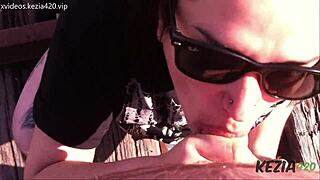 Latina brunette gives blowjob on tall outdoor bridge!