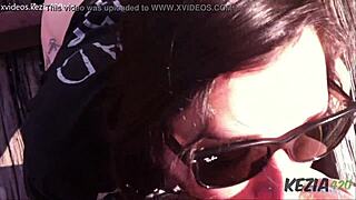 Latina brunette gives blowjob on tall outdoor bridge!