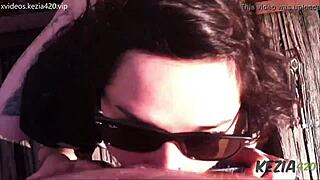 Latina brunette gives blowjob on tall outdoor bridge!