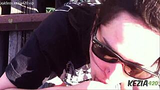 Latina brunette gives blowjob on tall outdoor bridge!