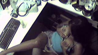 Solo ebony babe teases with toys in office setting for your pleasure