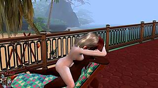 Blonde and brunette shemales engage in hardcore anal sex on the beach