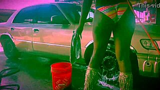 Ebony stripper performs a sexy car wash in Dallas, Texas