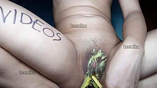 Intense asian teen plunges ice cream deep into her tight pussy solo at home