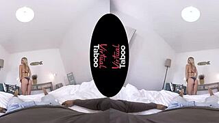 in this virtual taboo scene, a blonde milf handles two cocks with her mouth and hands