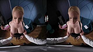 In the dark room vr, she donates juice through pov experience.