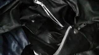 Emotional Cumshot On Leather Jacket With Step Sister