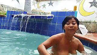 Hey, Imagine Us In The Pool Together, Mature Brunette And Young Guy From Different Countries Having Fun