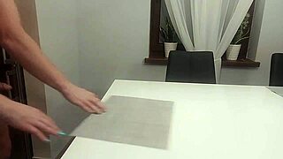 Natural tits bounce as she gets fucked hard on the table