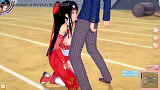 big tits shrine maiden warrior gets her breasts massaged in hentai game