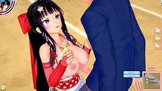 big tits shrine maiden warrior gets her breasts massaged in hentai game