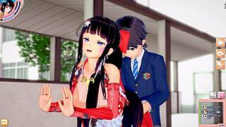 big tits shrine maiden warrior gets her breasts massaged in hentai game