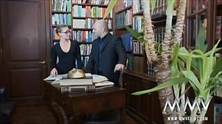 trashy brunette goddess takes two cocks in anal and mouth facial