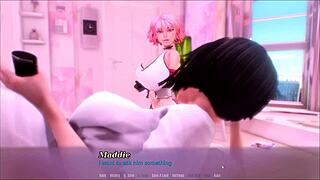 hey, in this hentai, my step sister yanked down my pants to flash my huge cock at step mom in the living room!