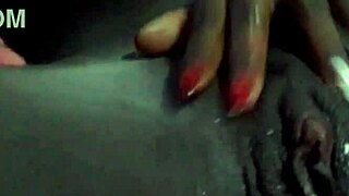 The ebony girl with juicy pussy gets creampied and her asshole turns pink inside.