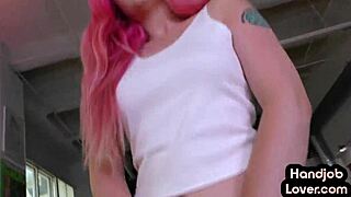 Colored hair slut with pierced nipples teases and gives handjob to POV dick.