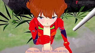Does Asuka Langley Soryu enjoy blowjob and fucking in POV?