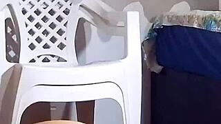 exhibitionist plays with giant dildo in recording section for fun