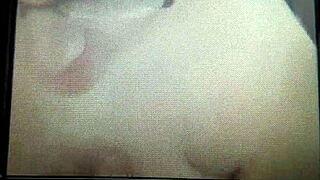 The bbw wife with big tits gives blowjob.