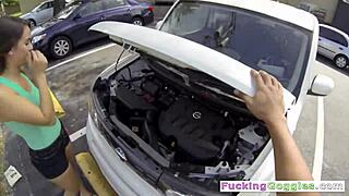 Brunette babe, uh, pays mechanic with her pussy, ya know