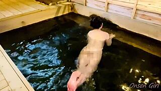 Asian beauty enjoys steamy bath at Mie Prefecture stone steps