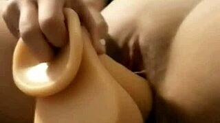 wife teasing with monster dildo, wet and masturbating